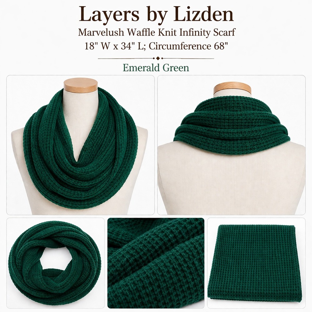 Layers by Lizden Marvelush Waffle‎ Knit Infinity Scarf Emerald Green 18x34 68in